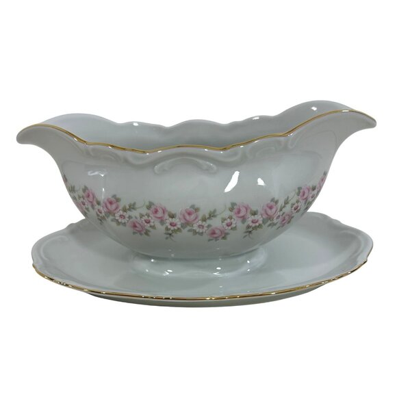 Lady Beatrice Gravy Boat Germany White Pink Roses Daisies Gold Trim Porcelain - Picture 1 of 16